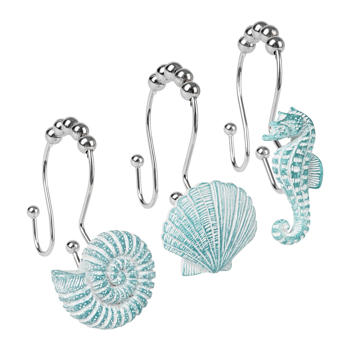 Sunlit Seashells Decorative Shower Curtain Hooks, Aqua Blue Ocean Creatures Coastal Shower Curtain Rings, Resin, Nautical Bathroom Decoration Beach Hooks-12 Pack