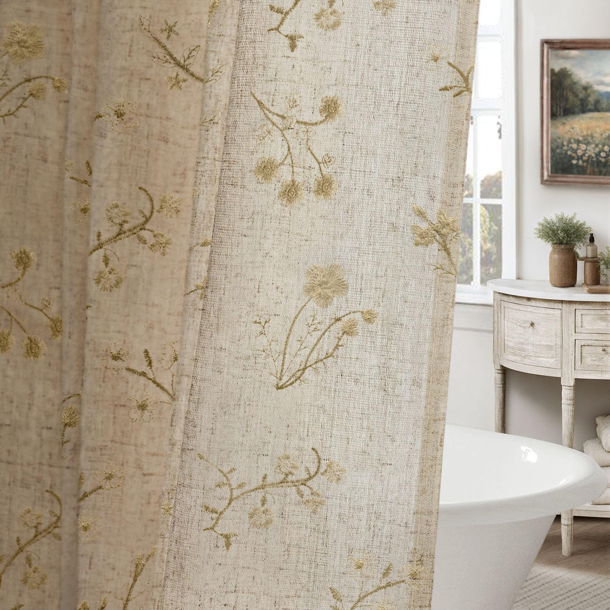 Floral Farmhouse Vintage Linen Shower Curtain French Country Decor 72Wx72H