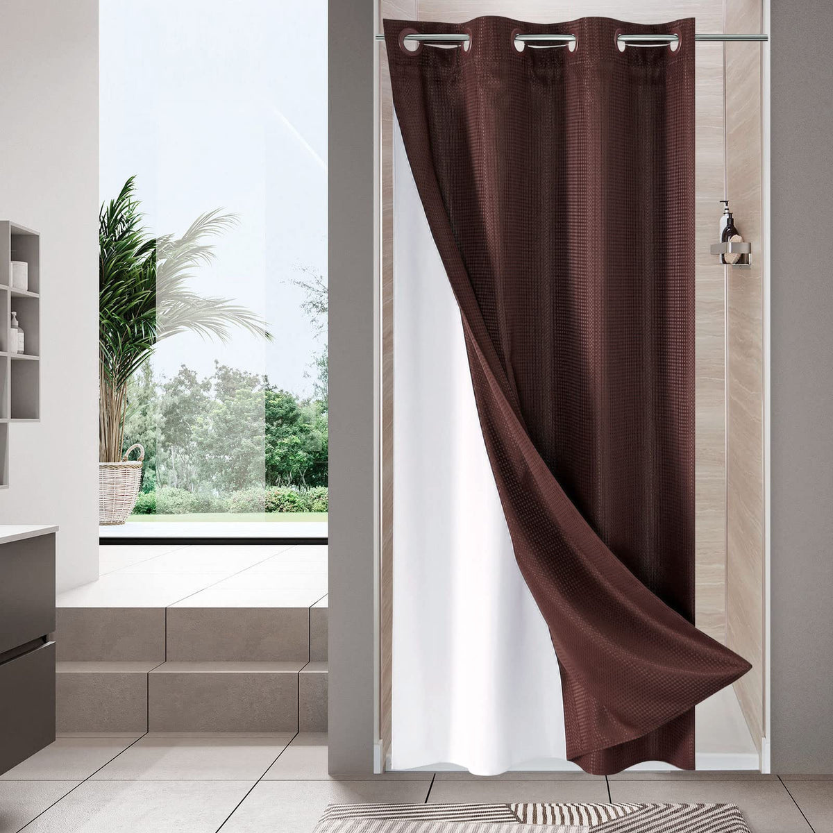 No Hook Weave Fabric Shower Curtain with Snap-in Liner White,72x74