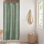 OWENIE Boho Shower Curtain, White Fabric Cloth Shower Curtains Farmhouse Tufted Chevron Striped Textured with Tassel for Bathroom, Soft Hotel Style Modern Minimalist, Machine Washable, 72x72, White