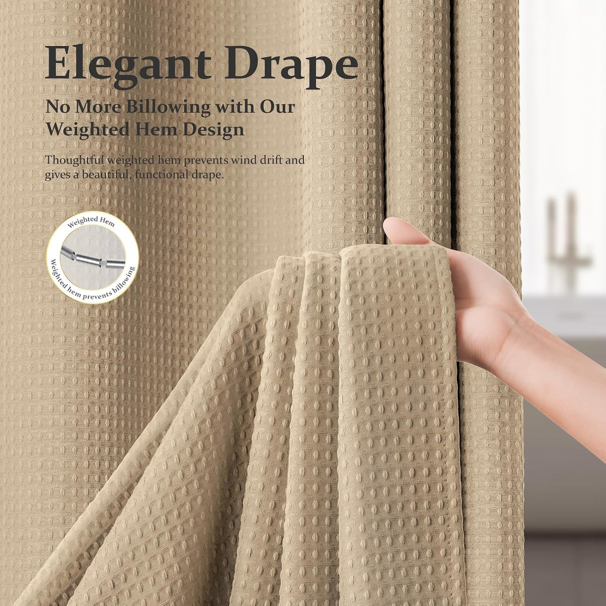 Dynamene Waffle Shower Curtain 256 GSM Heavy Duty Fabric 72x72 Beige/Khaki