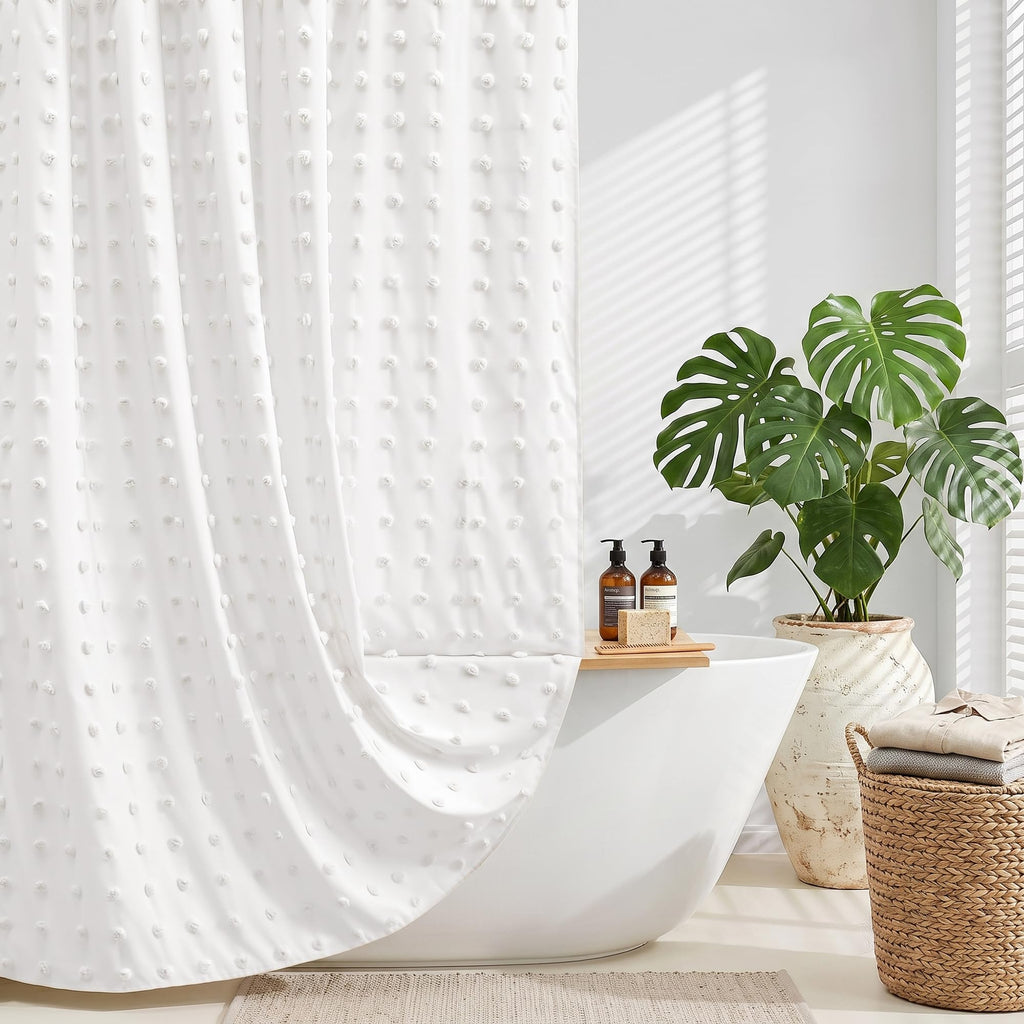 Extra Long Green Boho Shower Curtain Woven Fabric Cute 84 Inch Shower Curtain, 72 x 84 Tufted Pleat Floral Puffs Textured Modern Farmhouse Minimalist Shower Curtain Set with Hooks for Bathroom
