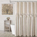 Farmhouse Shower Curtain Linen Beige Button Brown Stripe 72"W x 72"L