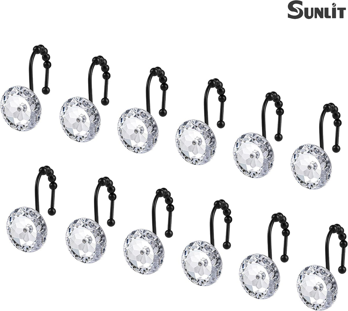 Sunlit Round Rhinestone Shower Curtain Hooks with Glide Balls, 12 Pack