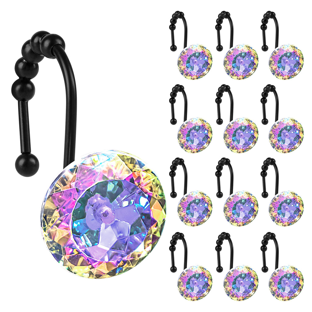 Sunlit Round Rhinestone Shower Curtain Hooks with Glide Balls, 12 Pack