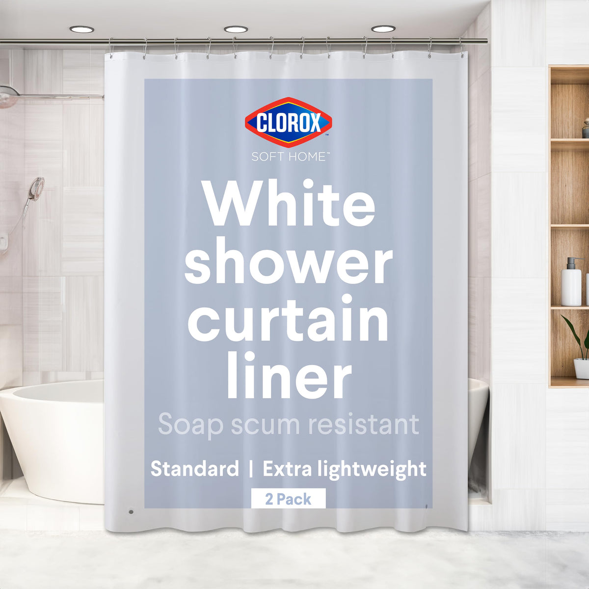 Clorox Shower Curtain Liner & Hooks, Premium Lightweight Flexible Waterproof 4g PEVA for Bathroom with Weighted Magnets, Standard Size 70" x 72", Frosty 1 Pack