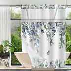 No Hook Shower Curtain and Liner Set, Sage Green Eucalyptus 71x74
