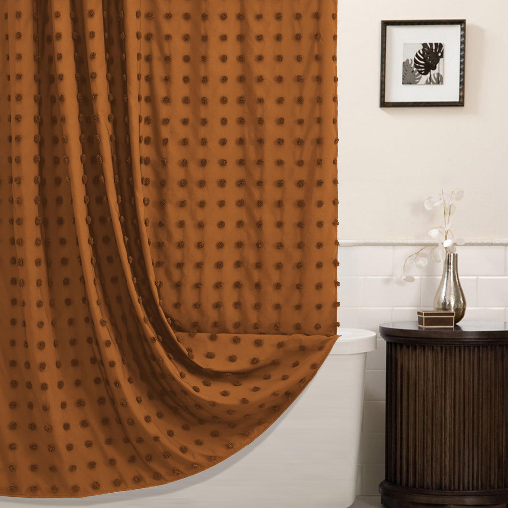 Extra Long Green Boho Shower Curtain Woven Fabric Cute 84 Inch Shower Curtain, 72 x 84 Tufted Pleat Floral Puffs Textured Modern Farmhouse Minimalist Shower Curtain Set with Hooks for Bathroom