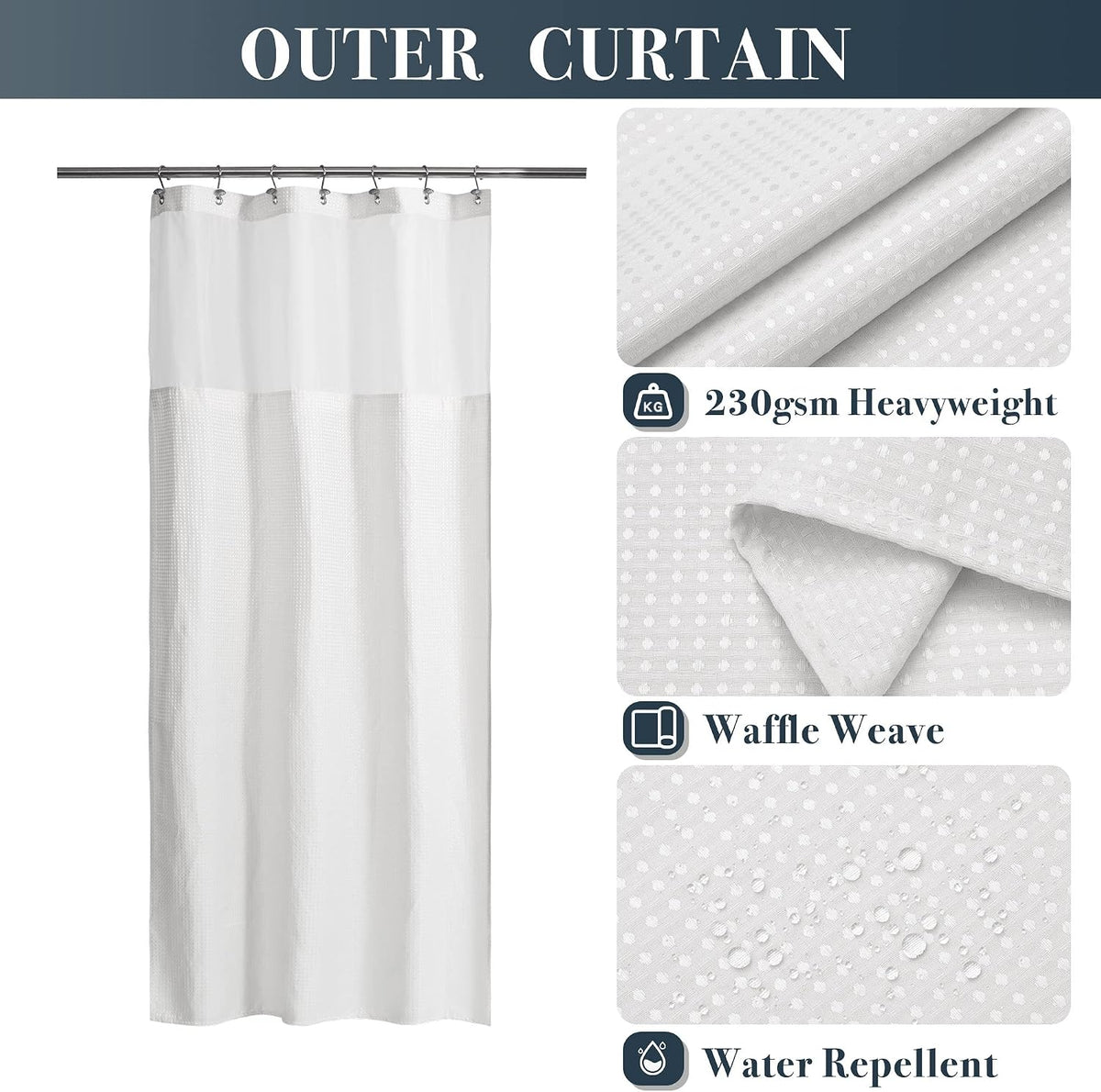 N&Y HOME Stall Waffle Weave Shower Curtain with Snap-in Liner White 36x72