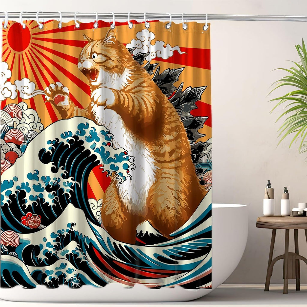 Funny Japanese Cat Funky Anime Japan Bathroom Shower Curtain, 72x72