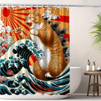 Funny Japanese Cat Funky Anime Japan Bathroom Shower Curtain, 72x72