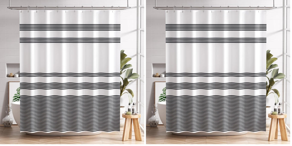 AmazerBath Shower Curtain, Washable Cloth Black Shower Curtain Sets with 12 Shower Curtain Hooks, Fabric Rustic Black and White Striped Curtain, Farmhouse Bathroom Curtains, 72x72 Inches
