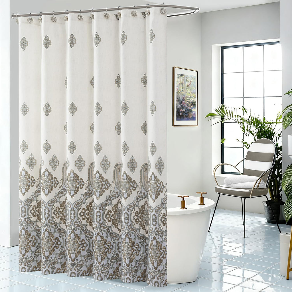 Fabric Shower Curtain, Narrow Width Beige Brown Stripe Waterproof Curtain for Tub or Stall，54" W x 72" H