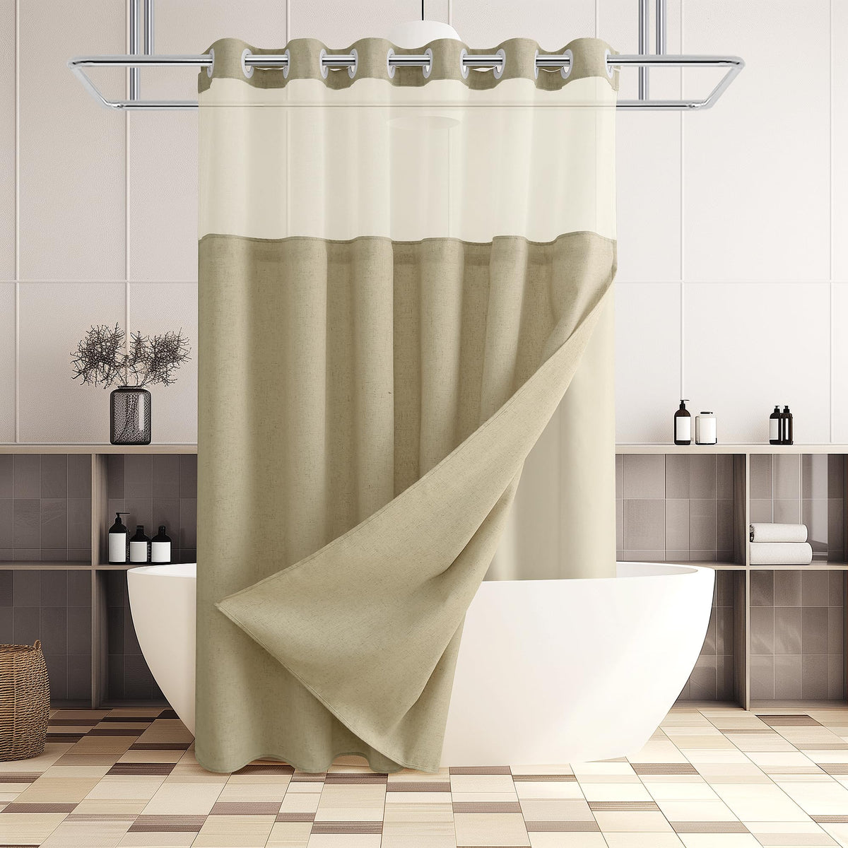 Jowels No Hooks Natural Linen Fabric Shower Curtains for Bathroom 72 Inches
