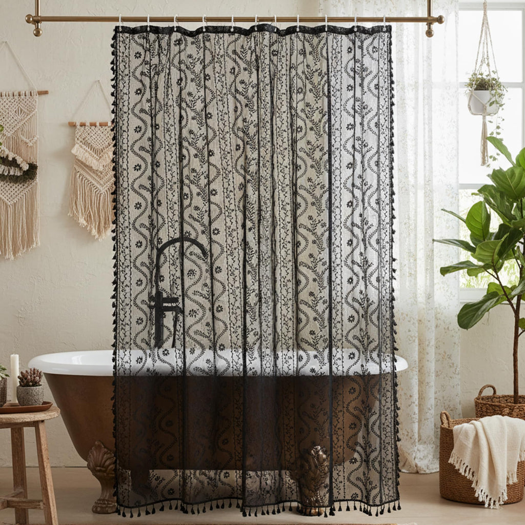 WAZZIO Dark Sage Green Lace Shower Curtain,Boho Chic Style,72 x 72 in
