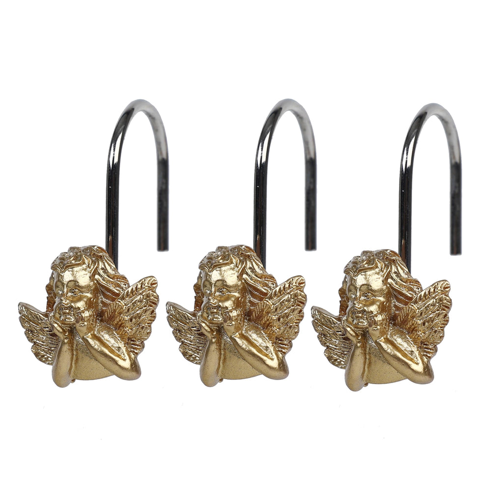 Twofish Home Golden Angel Shower Curtain Hooks Anti Rust Shower Curtain Hooks Decorative Resin Golden Angel Shower Curtain Rings Set of 12