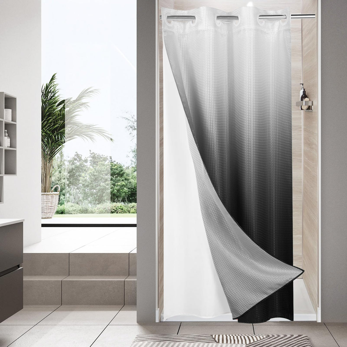No Hook Weave Fabric Shower Curtain with Snap-in Liner White,72x74