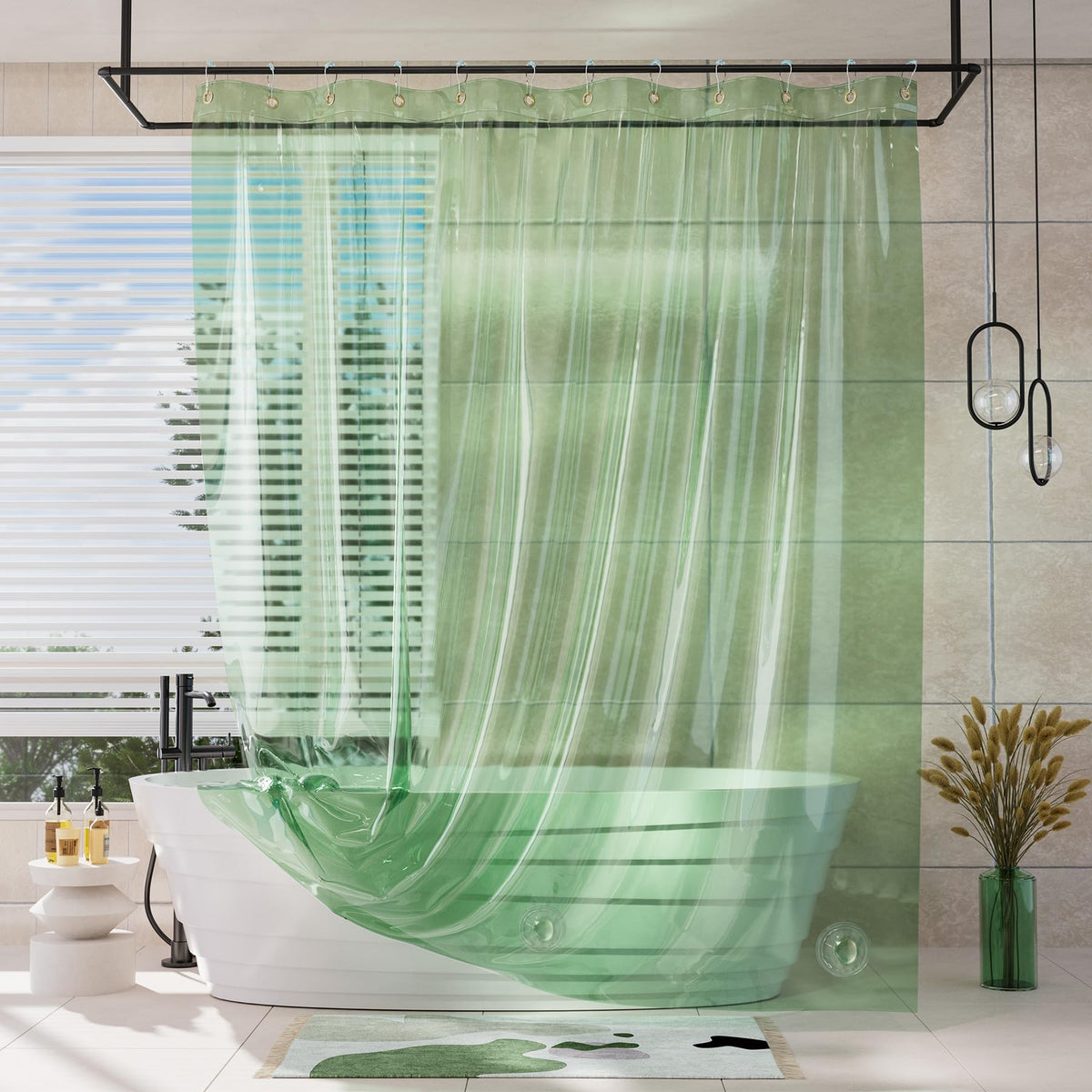 AmazerBath Heavy Shower Curtain Liner, 100% EVA Clear Green Heavy Duty Luxury Soft Shower Curtain and Liner 2-in-1, 72x72 Plastic Weighted Shower Liner, 12 Rustproof Grommets & 3 Heavyweight Stones