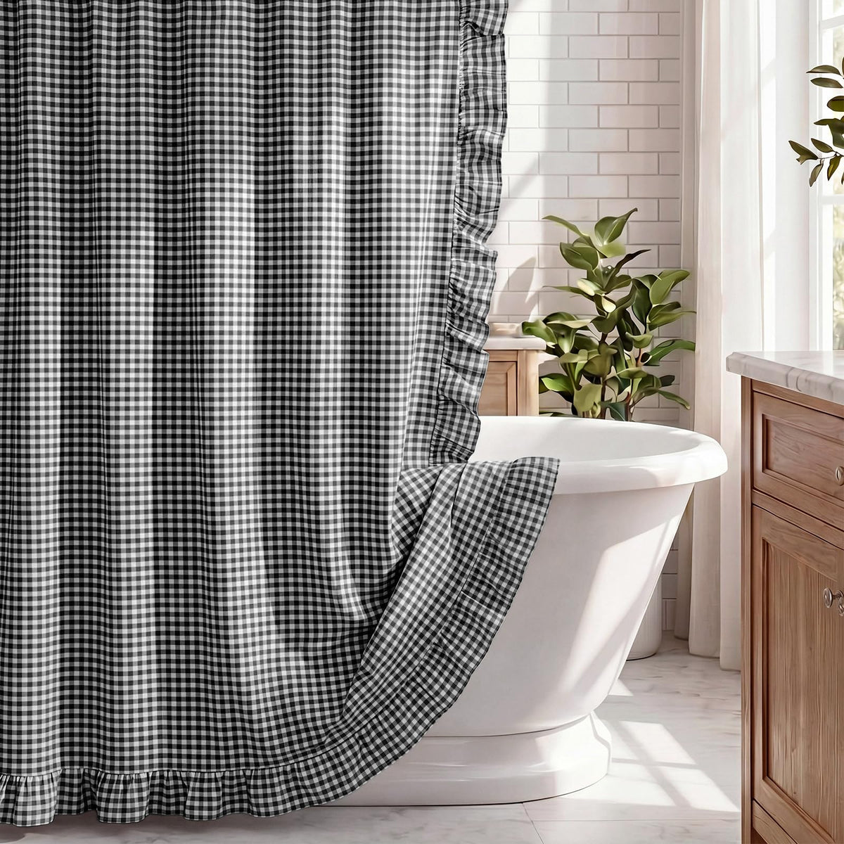 HunnmingRe Ruffle Hem Gingham Shower Curtain Taupe