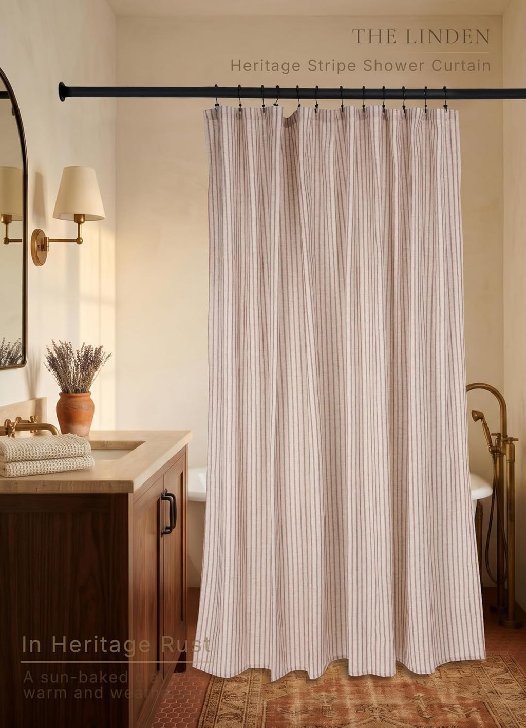 Farmhouse Striped Shower Curtain - 72x72 Inches, Linen Blend Fabric, Breathable & Machine Washable, Rustic Rust for Bathroom Decor (Hooks/Liner Not Included)