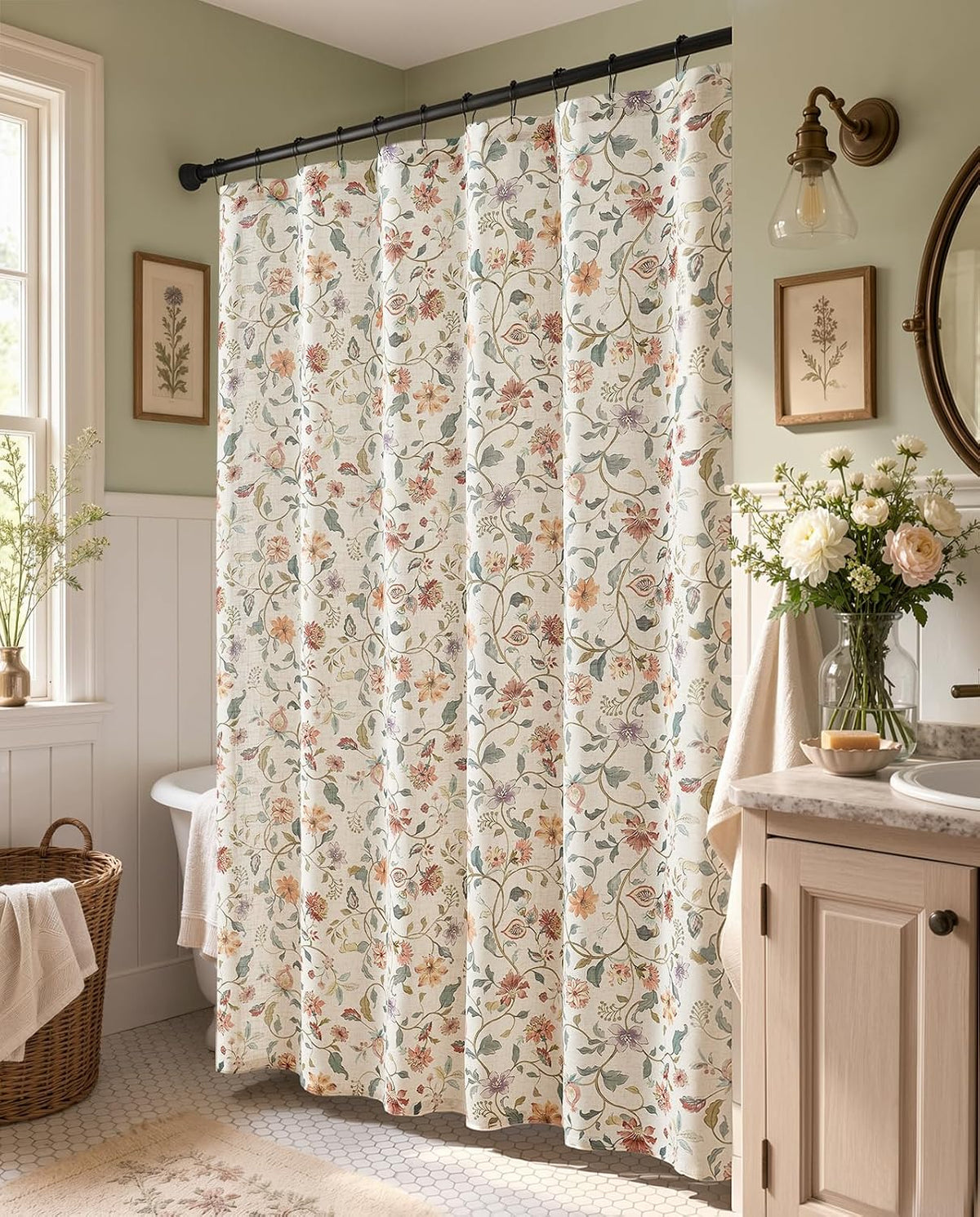 jinchan Linen Shower Curtain for Bathroom with 12 Hooks, Beige, 70x72