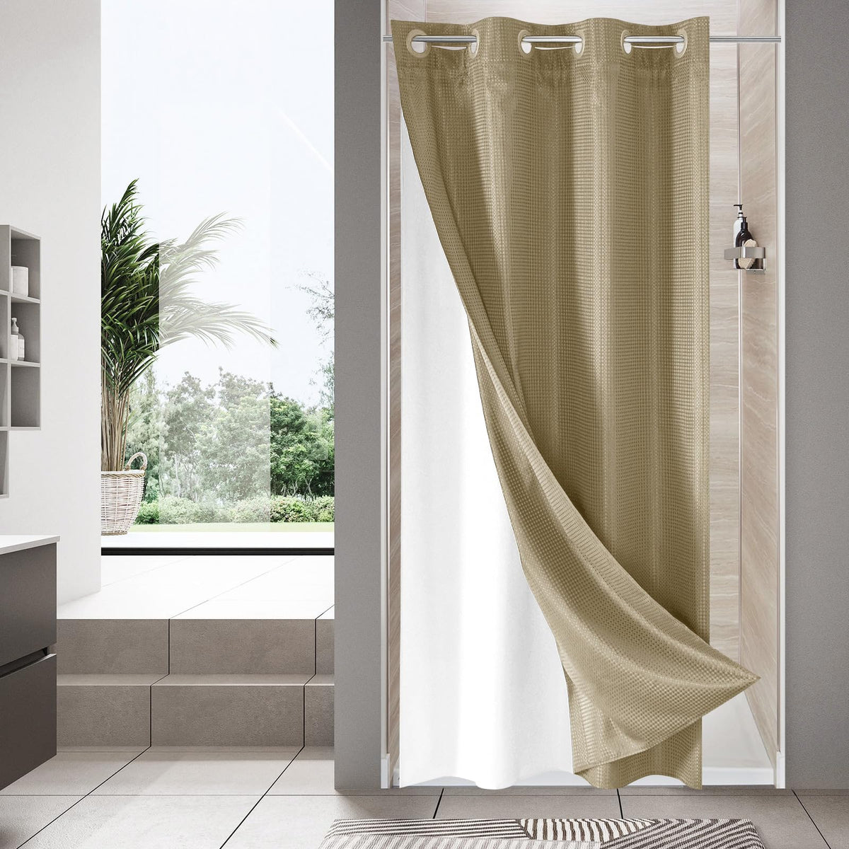 No Hook Weave Fabric Shower Curtain with Snap-in Liner White,72x74