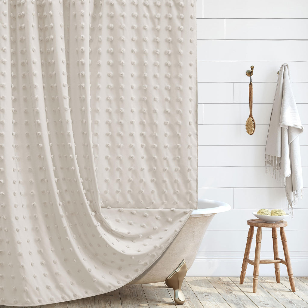 Extra Long Green Boho Shower Curtain Woven Fabric Cute 84 Inch Shower Curtain, 72 x 84 Tufted Pleat Floral Puffs Textured Modern Farmhouse Minimalist Shower Curtain Set with Hooks for Bathroom