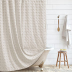 Extra Long Green Boho Shower Curtain Woven Fabric Cute 84 Inch Shower Curtain, 72 x 84 Tufted Pleat Floral Puffs Textured Modern Farmhouse Minimalist Shower Curtain Set with Hooks for Bathroom