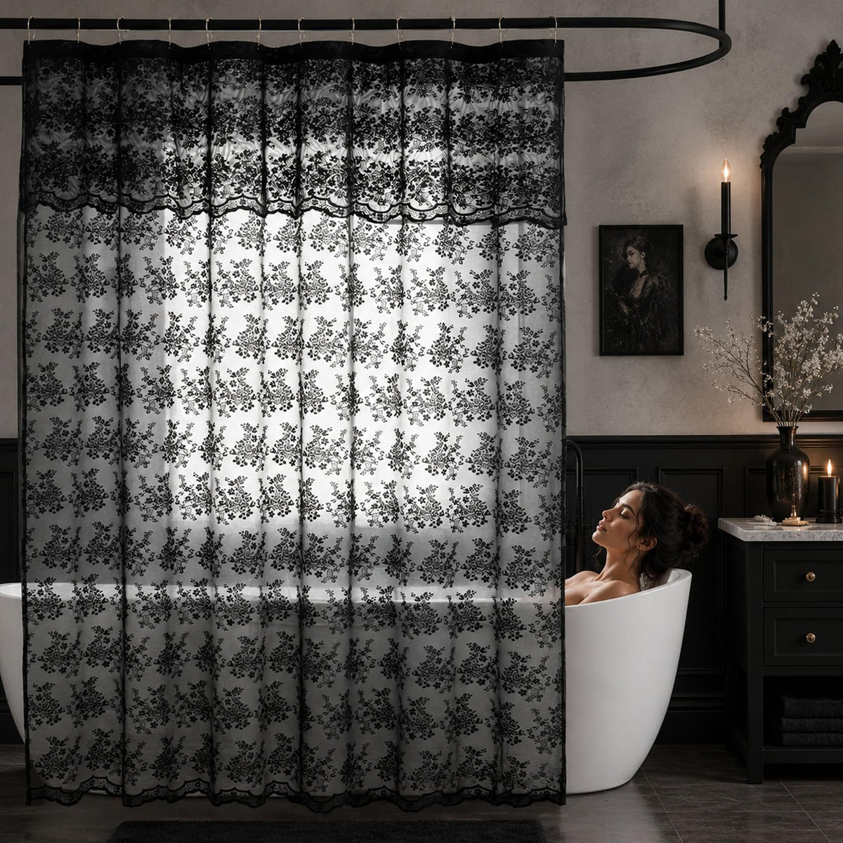 TUDECO Lace Brown Shower Curtain with Attached Valance, 72 x 72 Inch