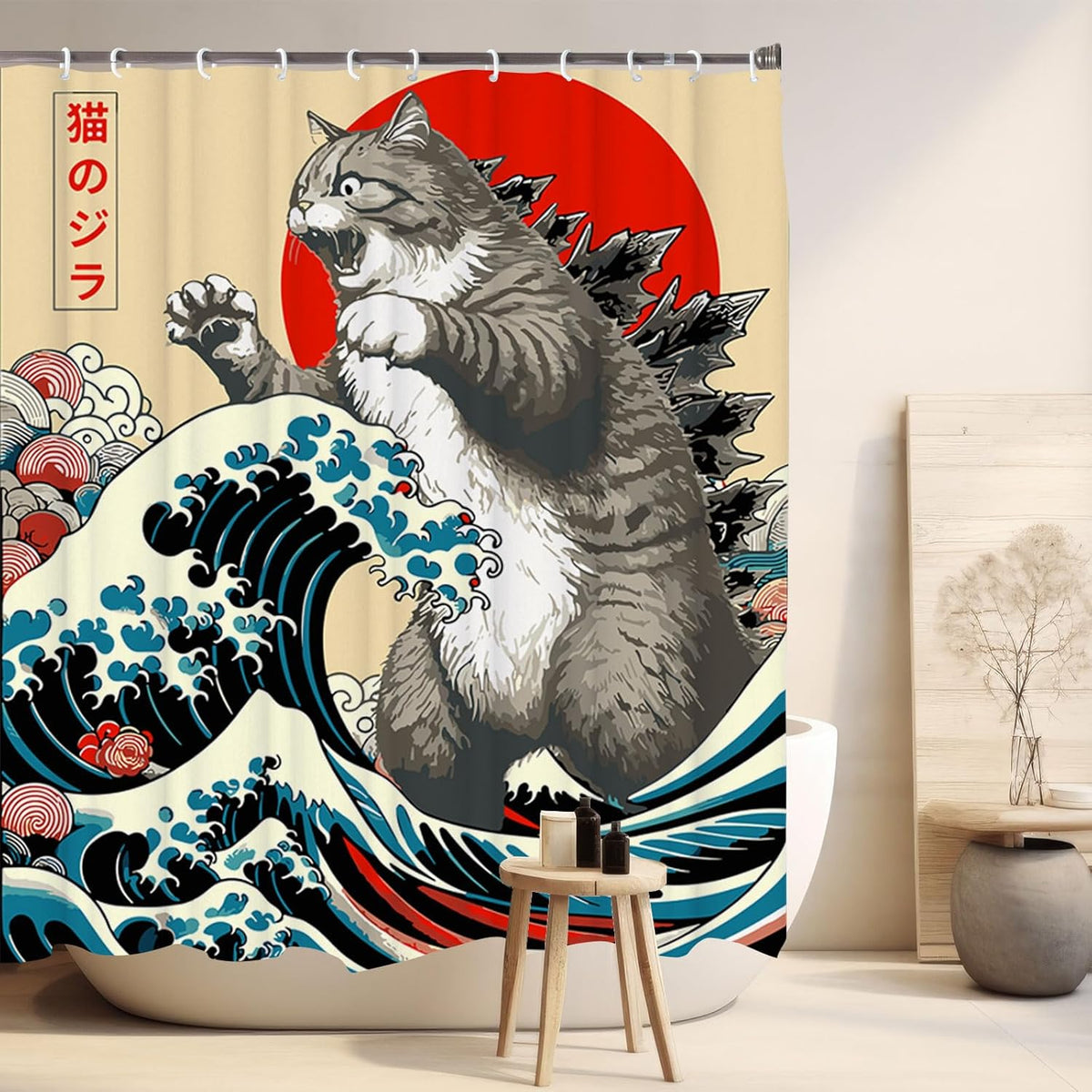 Funny Japanese Cat Funky Anime Japan Bathroom Shower Curtain, 72x72