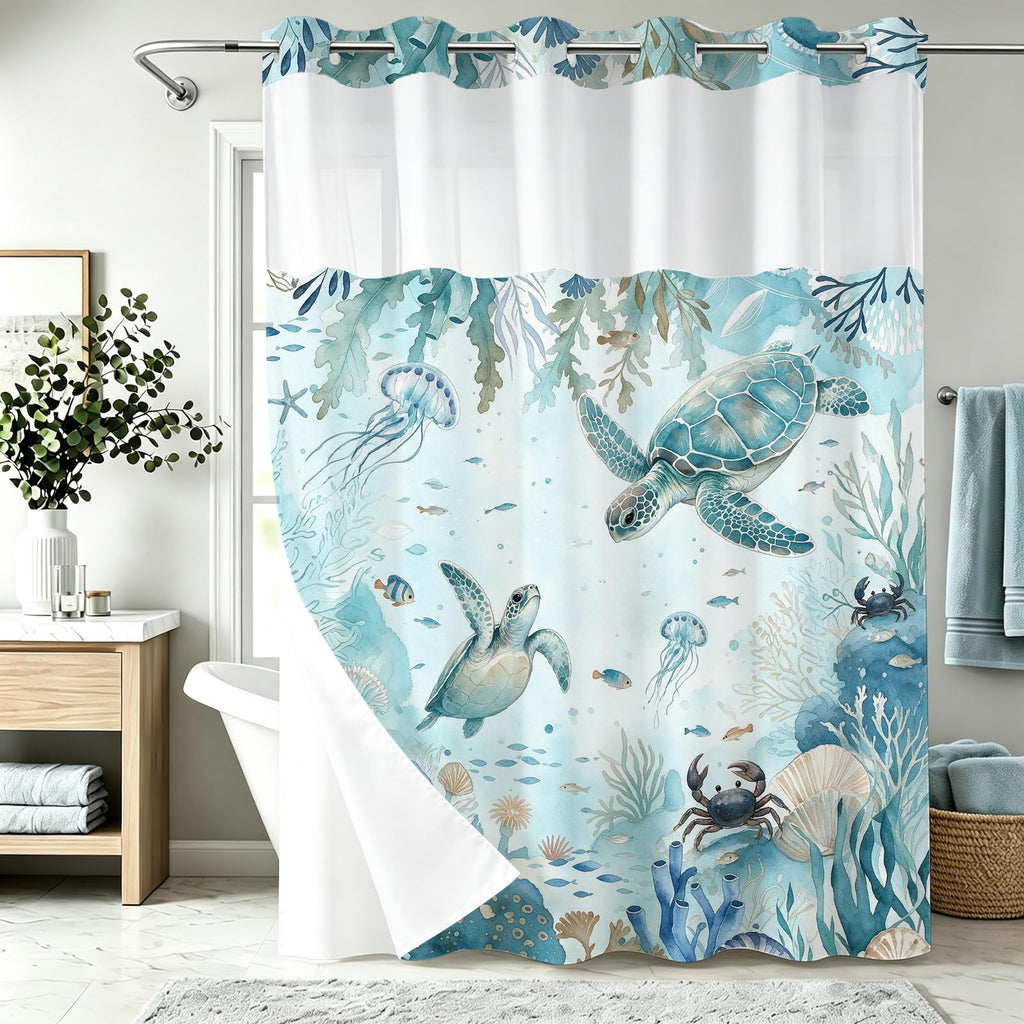 Nautical Green Sea Turtles Beach Theme Fabric Shower Curtain Sets Bathroom Blue Ocean Decor with Grommets and Hooks - 72 x 72 Inch Teal