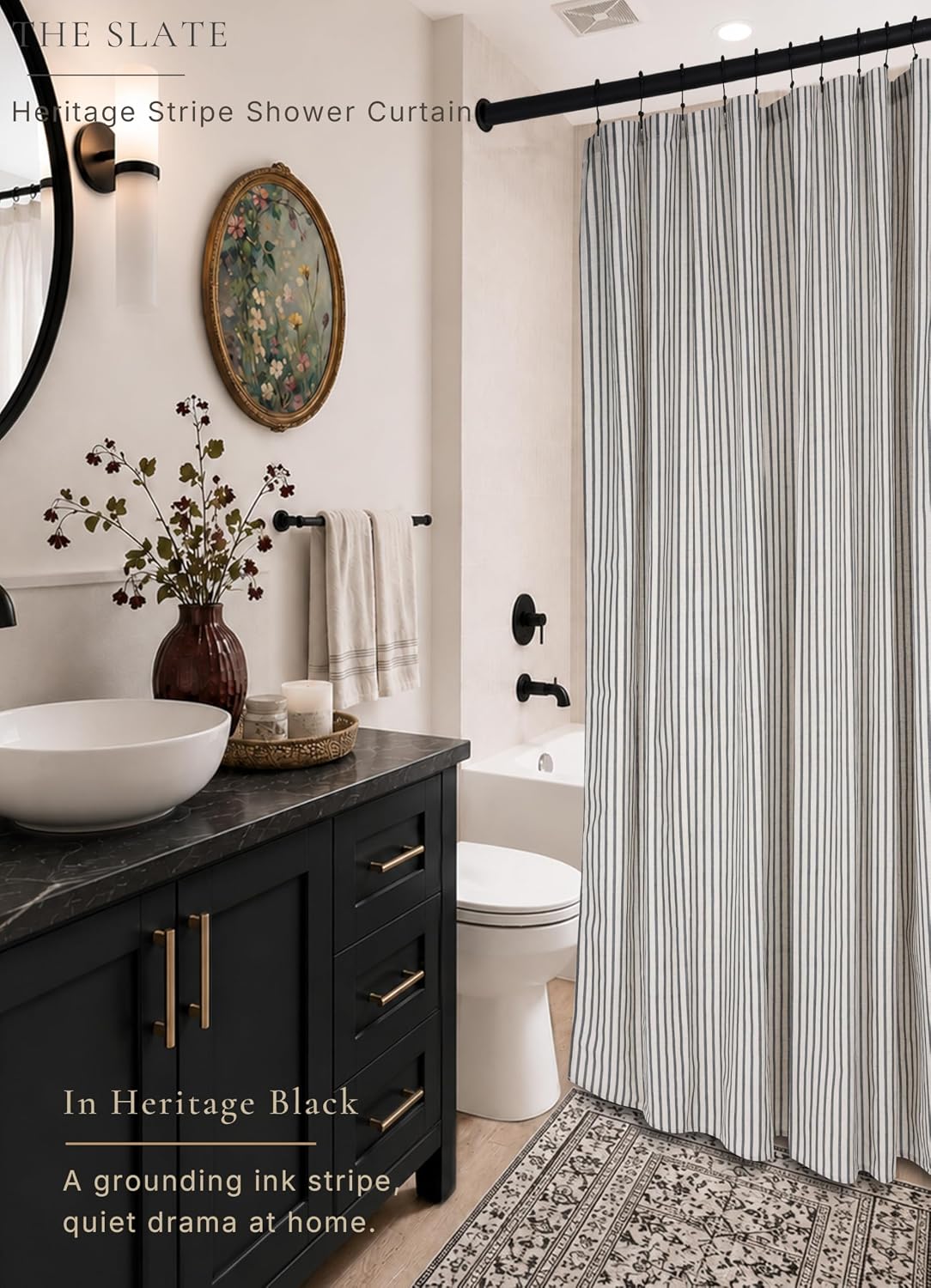 Farmhouse Striped Shower Curtain - 72x84 Inches, Linen Blend Fabric, Breathable & Machine Washable, Rustic Black for Bathroom Decor (Hooks/Liner Not Included)