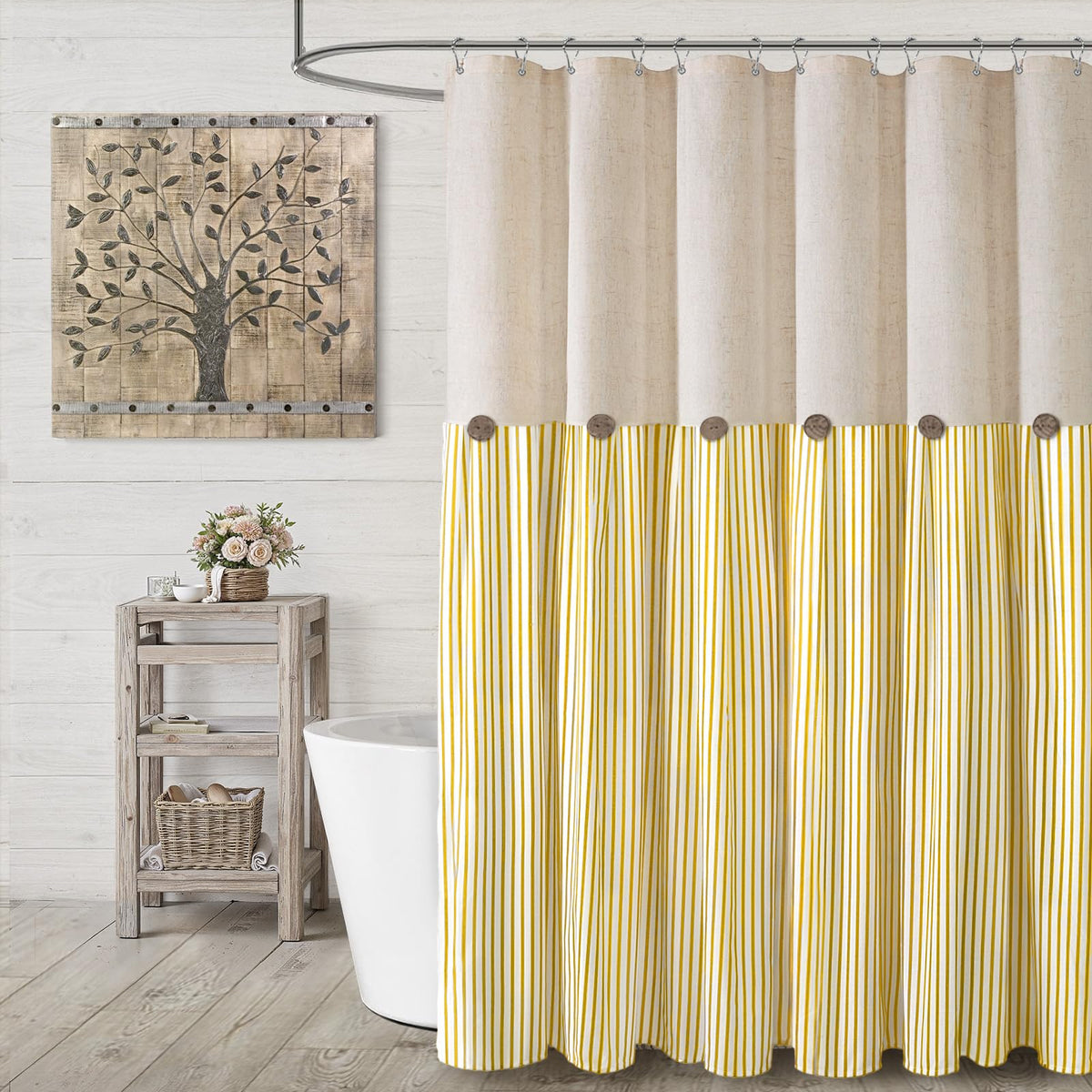 Farmhouse Shower Curtain Linen Beige Button Brown Stripe 72"W x 72"L
