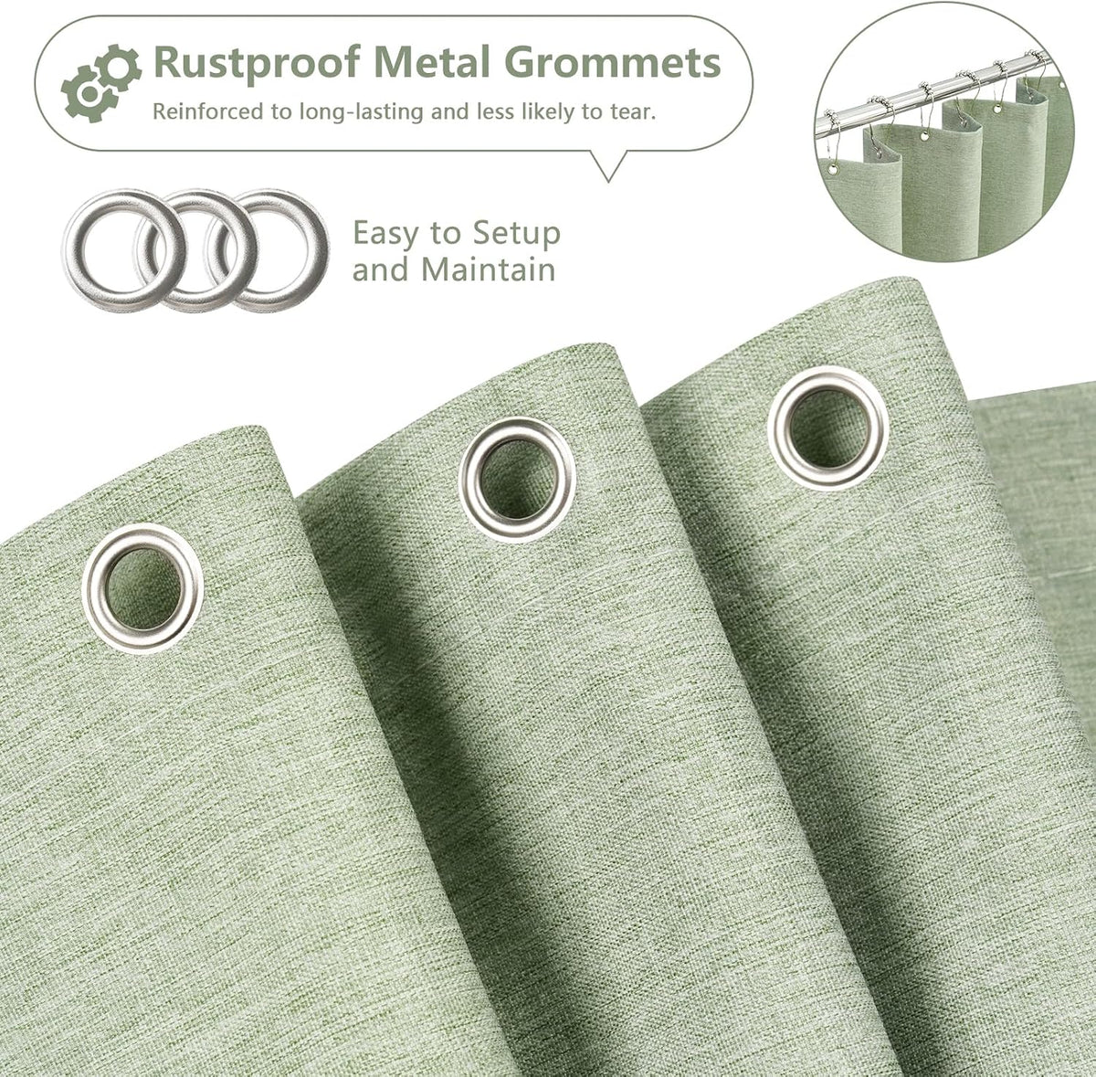 Seenus Natural Sage Green Linen Look Fabric Shower Curtain, Heavy Duty Faux Linen Textured Shower Curtain Water-Resistant, 72 x 72 Inch Soothing Forest Green Farmhouse Bathroom Decor Shower Curtains