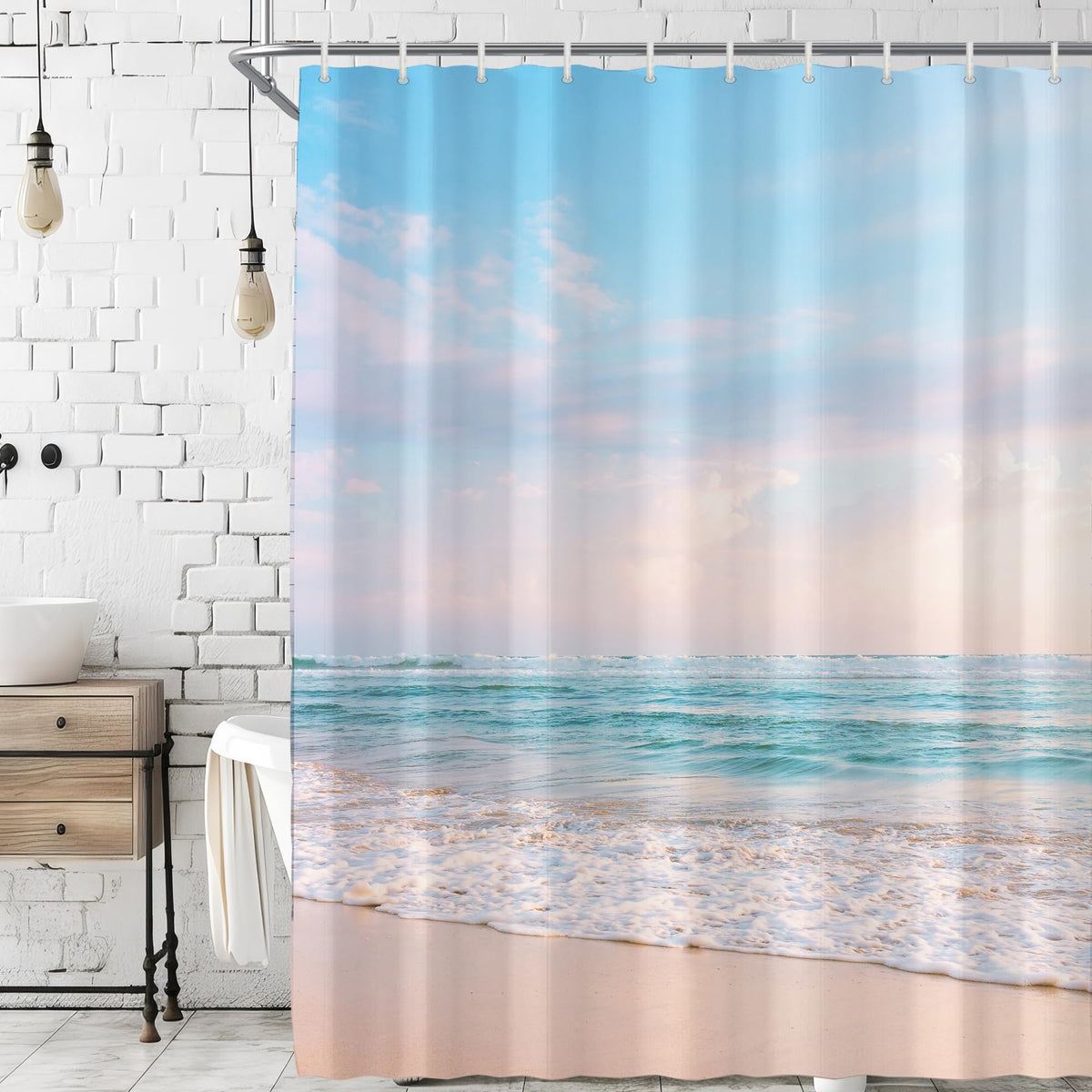 Ocean Beach Coastal Nautical Summer Sunset Shower Curtain for Bathroom 72W*72H Inch Seaside Seacoast Beachy Waves Bathtub Decor Seascape Neutral Cool Waterproof Polyester Fabric Set with 12 Hooks