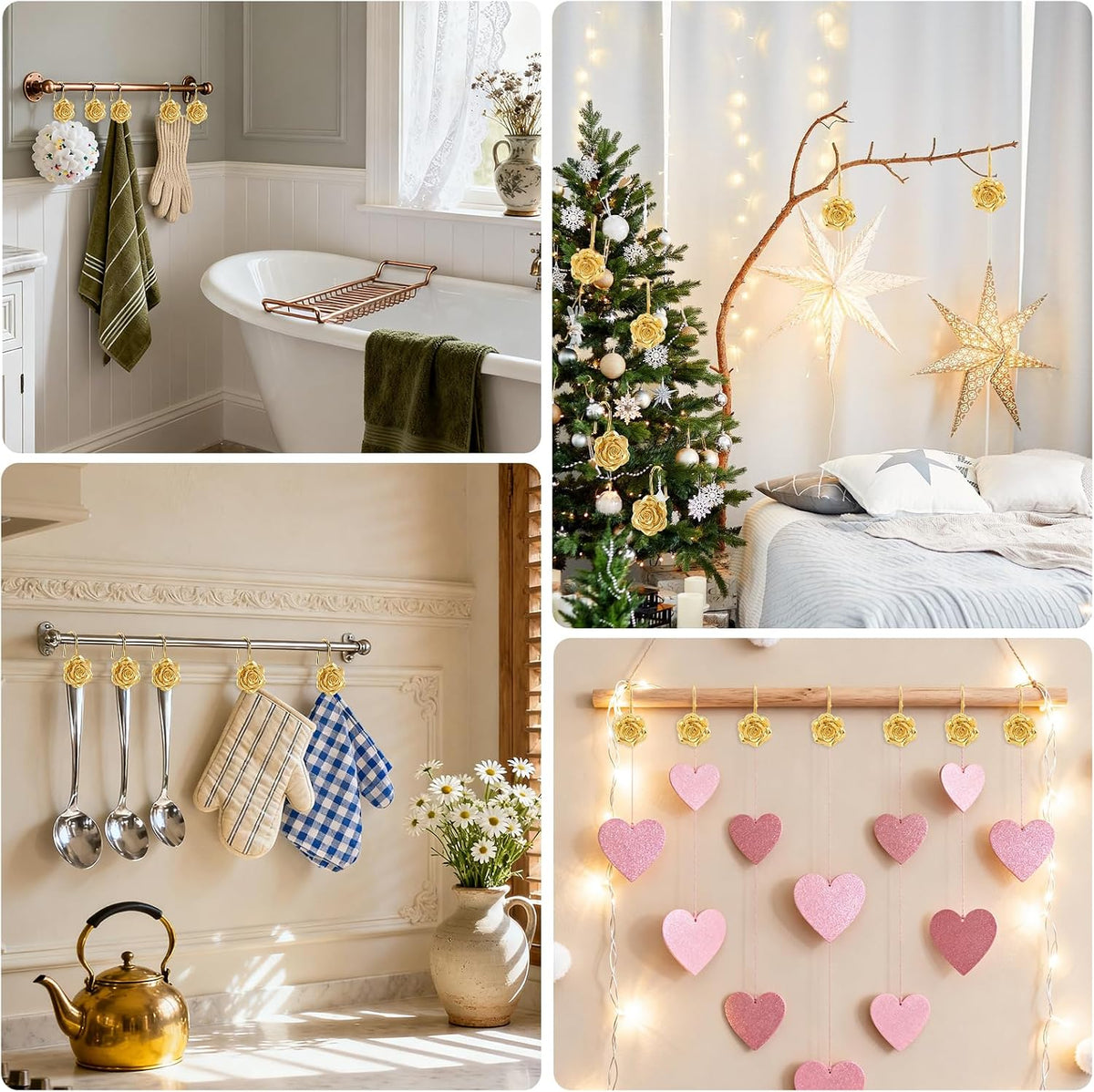 Metal Rose Shower Curtain Hooks, Rust-Resistant Hooks for Shower Curtain Rods, Set of 12, Beautiful Floral Rose Design Bathroom Decoration Hooks (Gold)