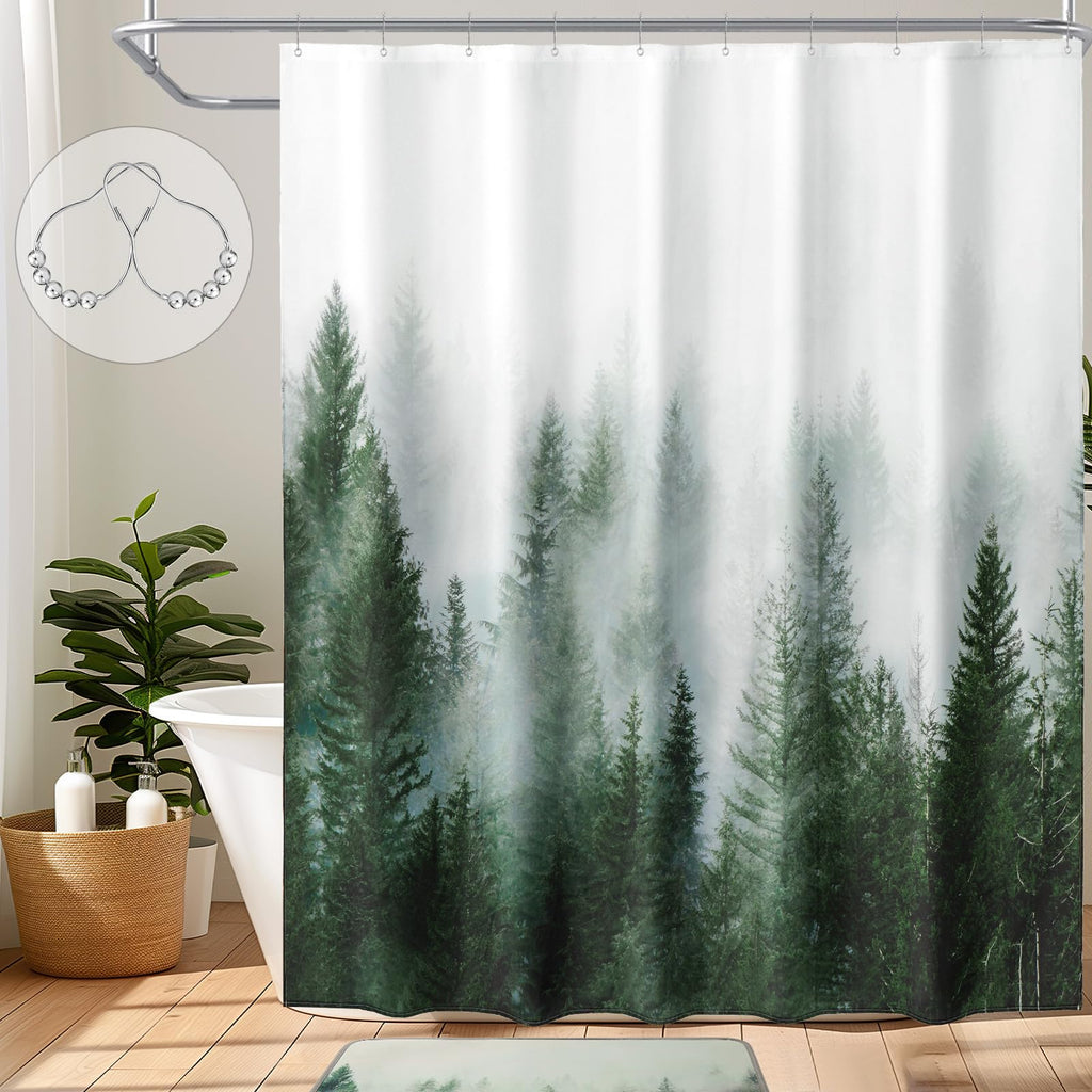 ORTIGIA Dark Green Misty Forest Shower Curtain for Bathroom, Nature Woodland Shower Curtain Set with Hooks, Decorative Pine Tree Fog Magic Bath Curtain for Home, Waterproof Fabric, Weighted, 72x72