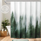 ORTIGIA Dark Green Misty Forest Shower Curtain for Bathroom, Nature Woodland Shower Curtain Set with Hooks, Decorative Pine Tree Fog Magic Bath Curtain for Home, Waterproof Fabric, Weighted, 72x72