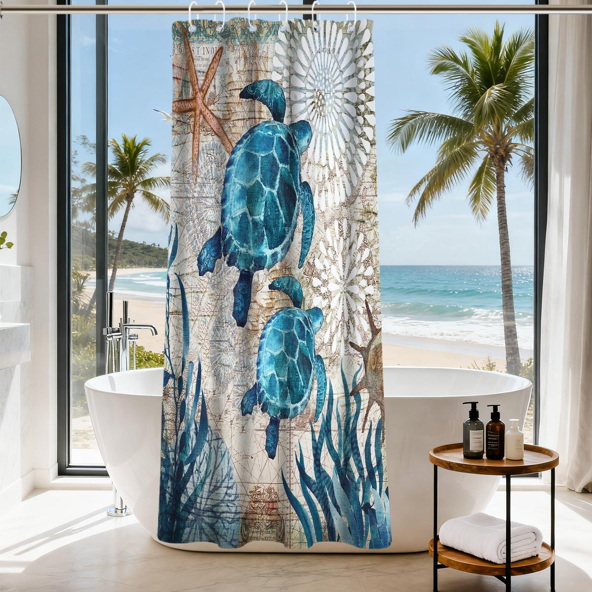 Nautical Green Sea Turtles Beach Theme Fabric Shower Curtain Sets Bathroom Blue Ocean Decor with Grommets and Hooks - 72 x 72 Inch Teal