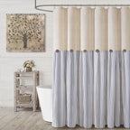 Farmhouse Shower Curtain Linen Beige Button Brown Stripe 72"W x 72"L