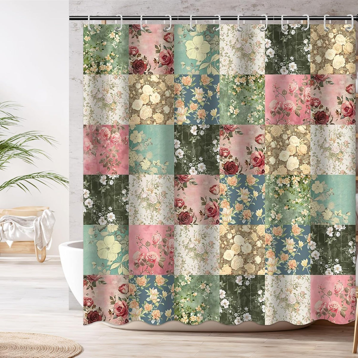 Shower Curtains for Bathroom, Boho Shower Curtain, Vintage Boho Pink Floral Bathroom Decor Bath Curtain, Mid Century Waterproof Retro Farmhouse Patchwork Floral Shower Curtain, 72 X 72 Inches