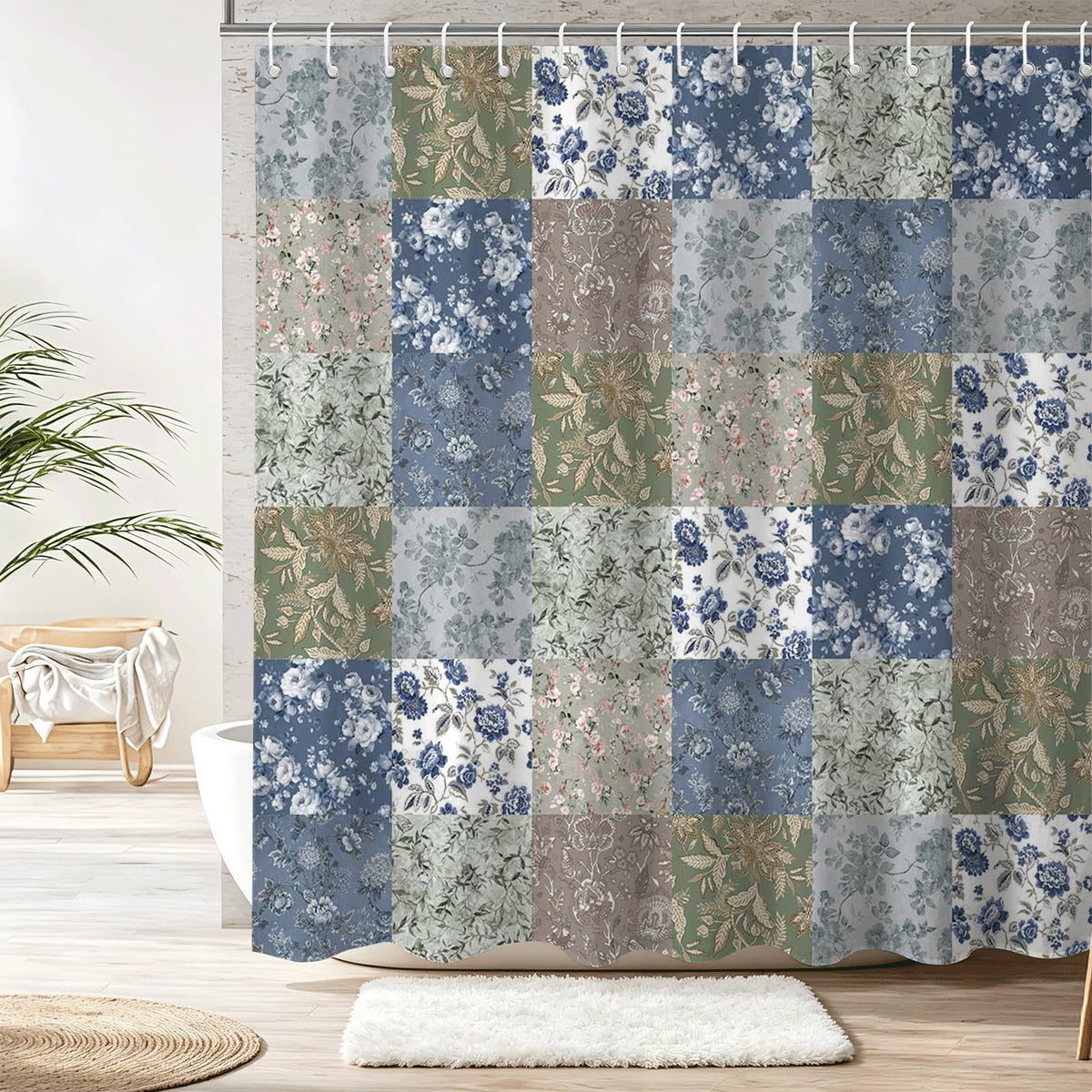Shower Curtains for Bathroom, Boho Shower Curtain, Vintage Boho Pink Floral Bathroom Decor Bath Curtain, Mid Century Waterproof Retro Farmhouse Patchwork Floral Shower Curtain, 72 X 72 Inches