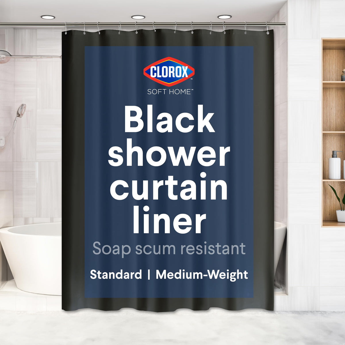 Clorox Shower Curtain Liner & Hooks, Premium Lightweight Flexible Waterproof 4g PEVA for Bathroom with Weighted Magnets, Standard Size 70" x 72", Frosty 1 Pack