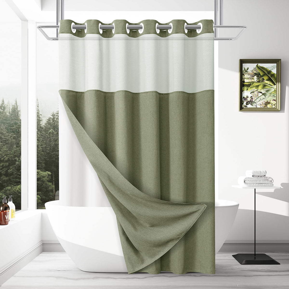 Jowels No Hooks Natural Linen Fabric Shower Curtains for Bathroom 72 Inches
