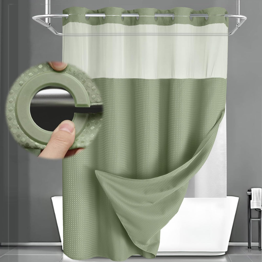 No Hook Shower Curtain with Liner Set Hotel Waffle Curtain White 72W X 75L