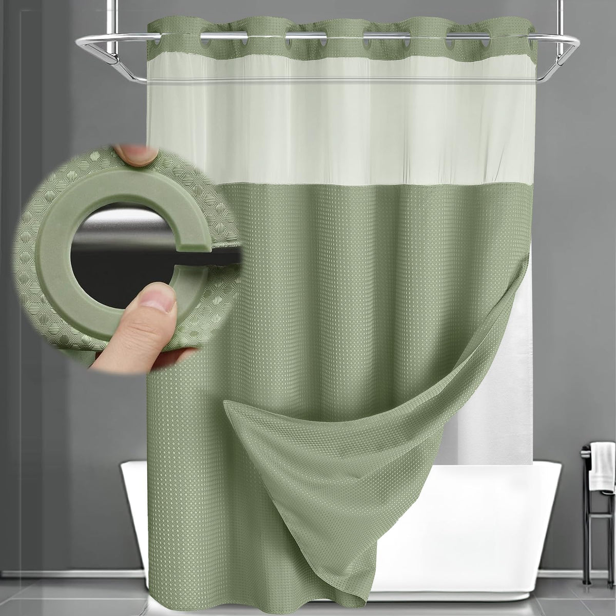 No Hook Shower Curtain with Liner Set Hotel Waffle Curtain White 72W X 75L
