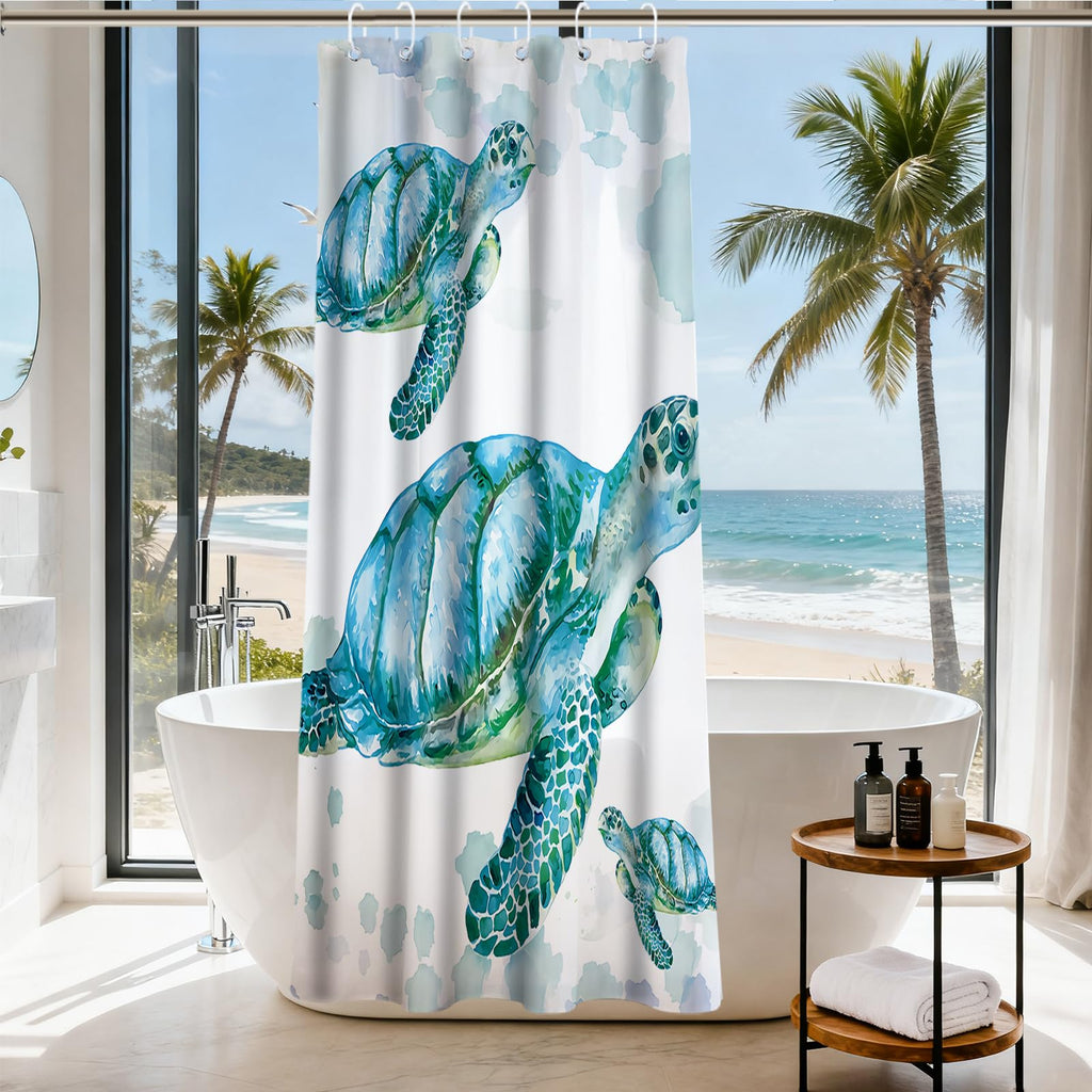 Nautical Green Sea Turtles Beach Theme Fabric Shower Curtain Sets Bathroom Blue Ocean Decor with Grommets and Hooks - 72 x 72 Inch Teal
