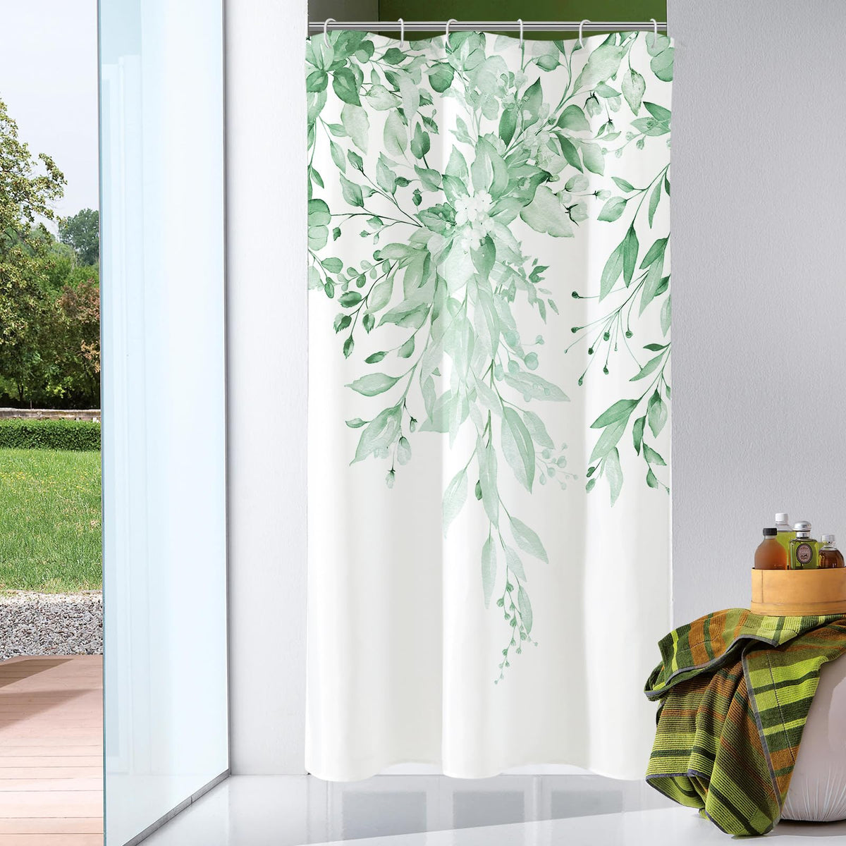 Gibelle Sage Green Eucalyptus Shower Curtain, Floral Print, 72x72