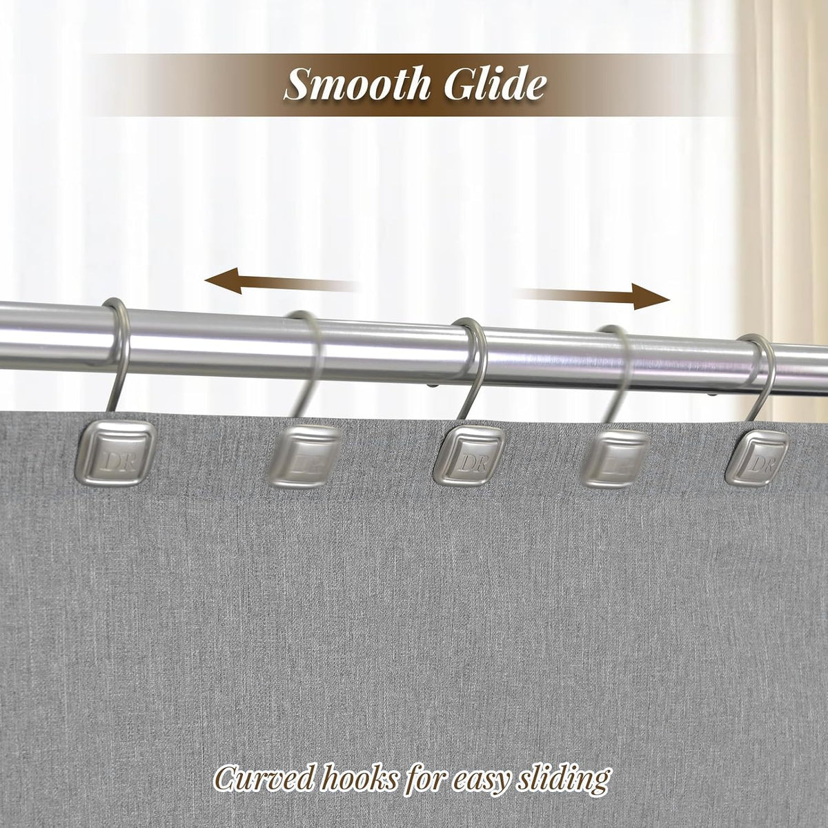 DR Monogram Shower Curtain Hooks, Set of 12, Smooth-Glide Curved Metal Hooks, Heavy-Duty Stainless Steel & Zinc Alloy, Electroplated Finish, Fits Most Standard Shower Rods (Nickel)