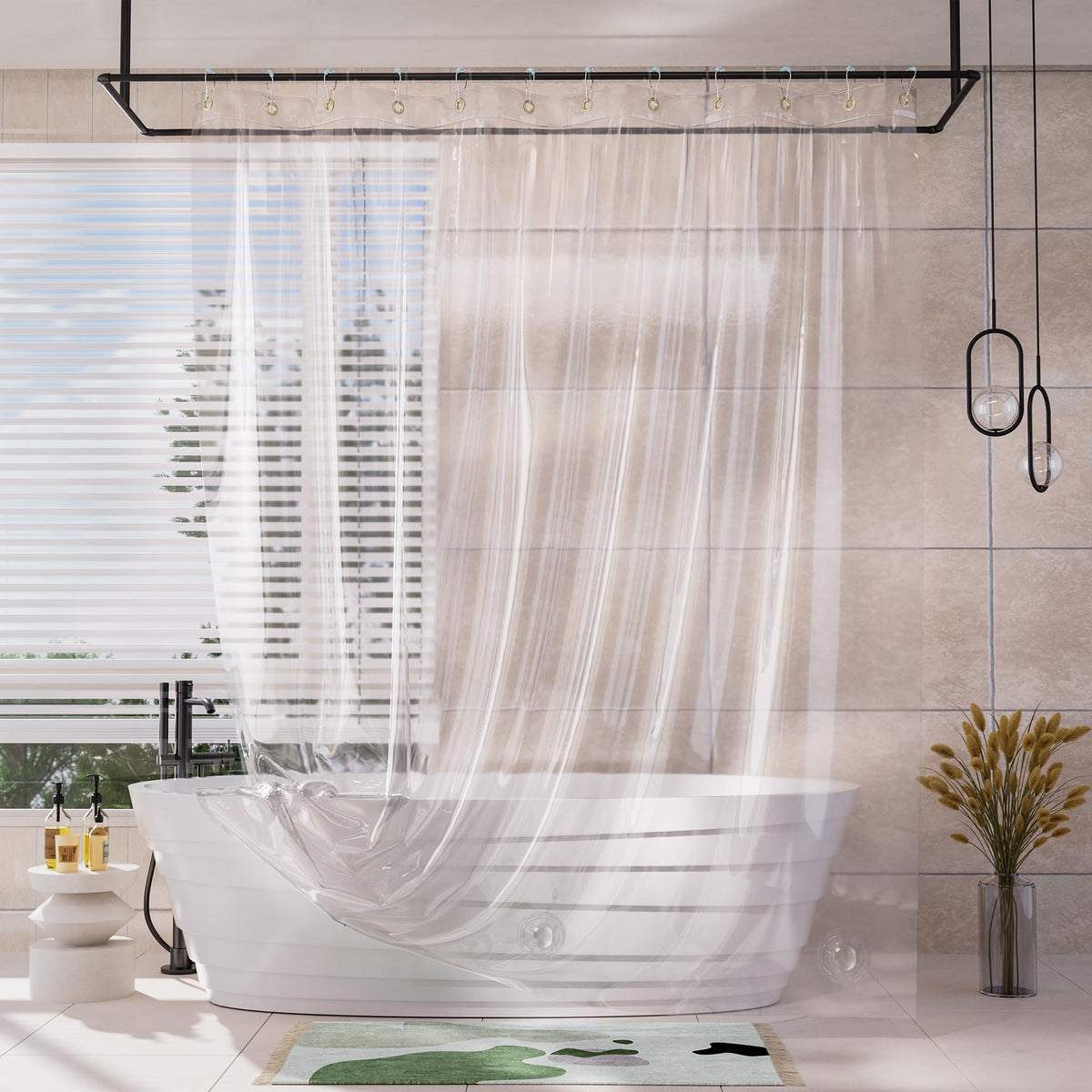 AmazerBath Heavy Shower Curtain Liner, 100% EVA Clear Green Heavy Duty Luxury Soft Shower Curtain and Liner 2-in-1, 72x72 Plastic Weighted Shower Liner, 12 Rustproof Grommets & 3 Heavyweight Stones